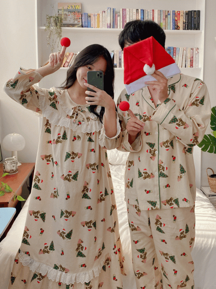 [커플] 트리베어 크리스마스 기모 순면 원피스 잠옷